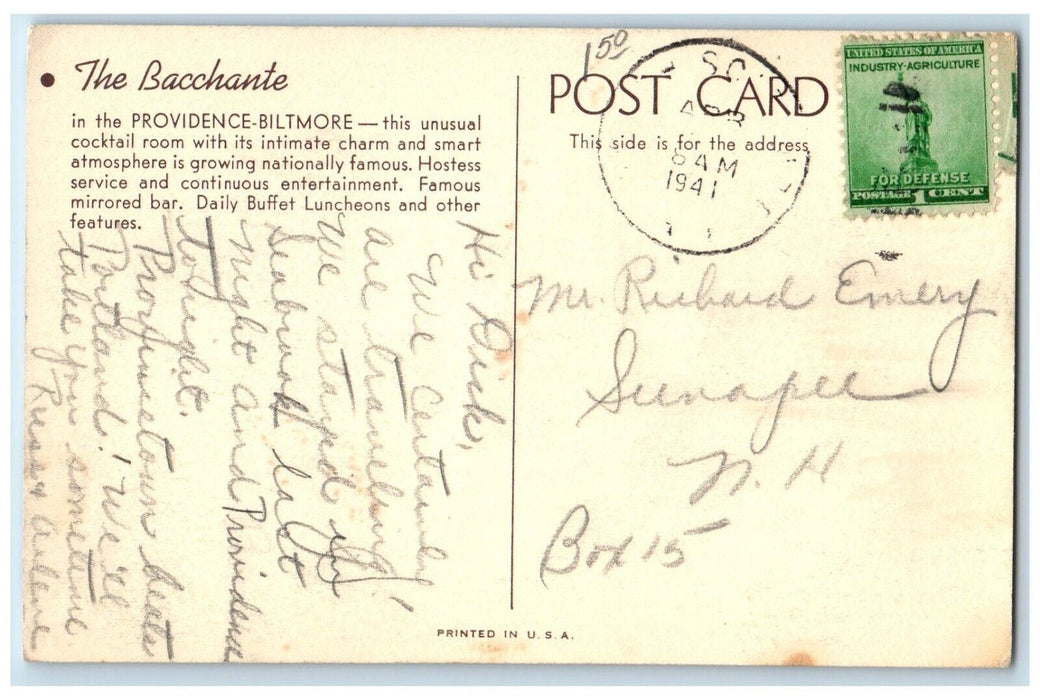 1941 Bacchante Providence Biltmore Cocktail Room Intimate Charm Hotel Postcard