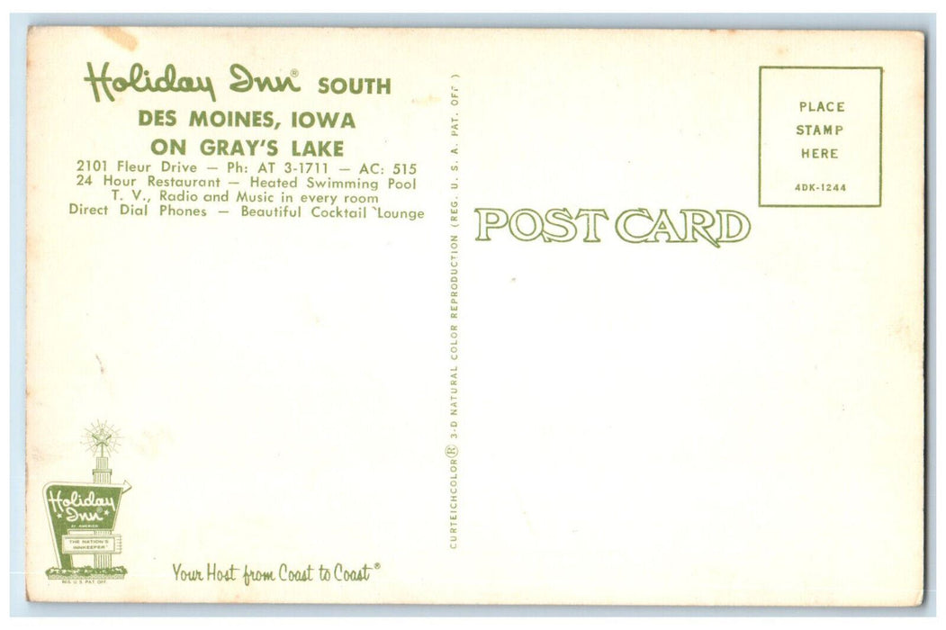 c1950's On Gray's Lake Holiday Inn of Des Moines Iowa IA Vintage Postcard