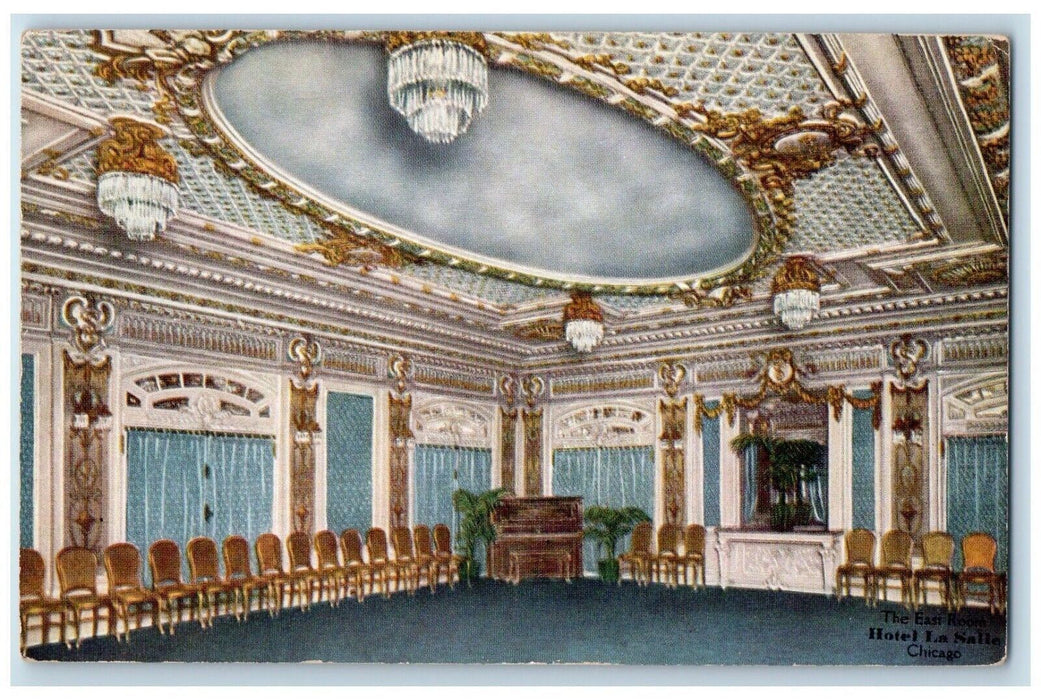 c1910 East Room Hotel Interior Chairs Chandelier Piano La Salle Chicago Postcard