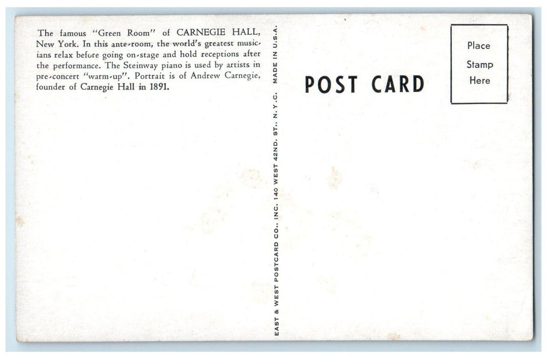 c1920 Green Room Steinway Piano Pre-Concert Hall Carnegie Hall New York Postcard