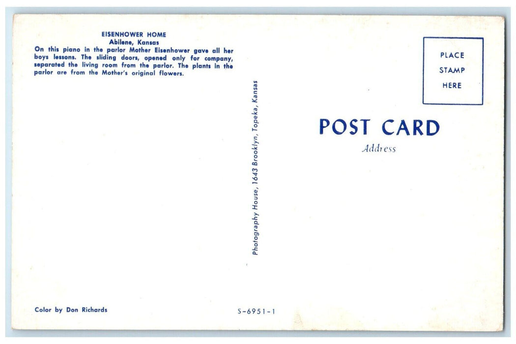 c1960 Eisenhower Home Interior Grand Piano Parlor Room Abilene Kansas Postcard