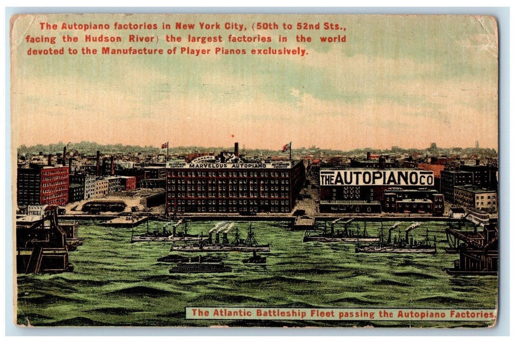 1910 Autopiano Factories New York City Hudson River Atlantic Battleship Postcard