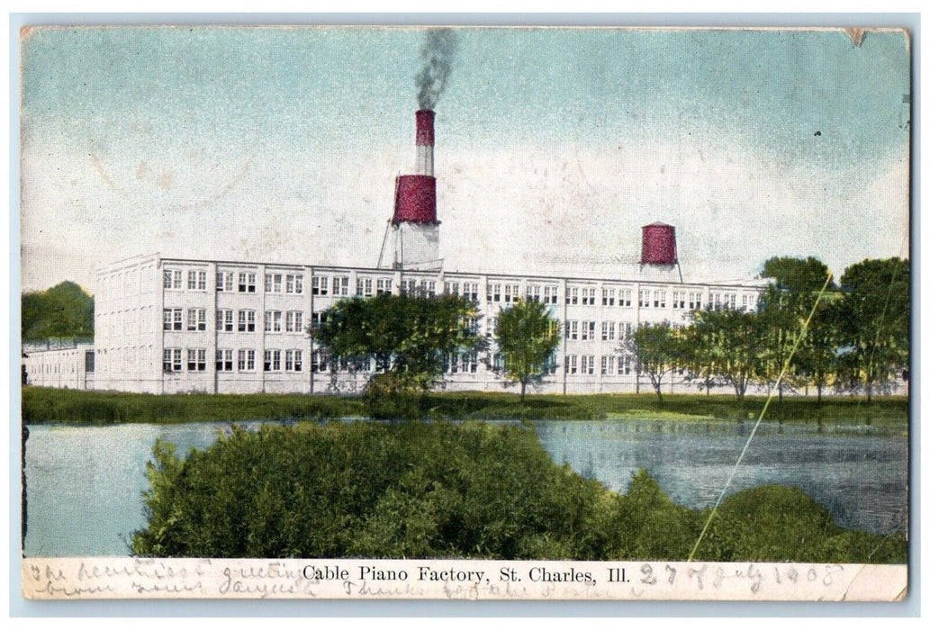 1908 Cable Piano Factory River Lake Building Trees St. Charles Illinois Postcard