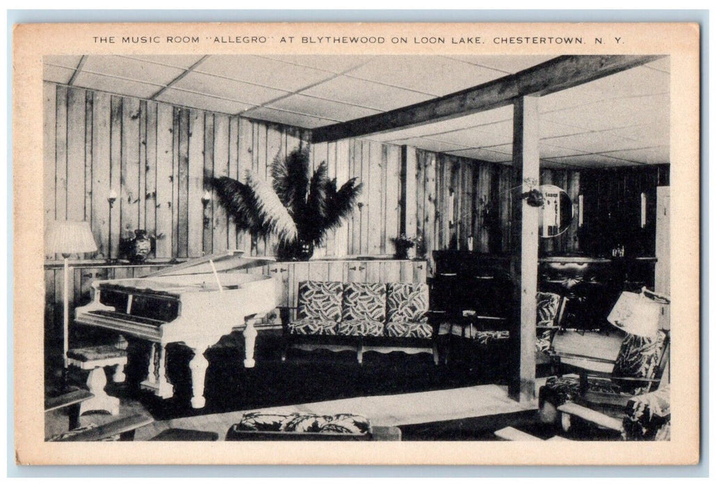 1953 Music Room Allegro Blythewood Loon Lake Piano Chestertown New York Postcard