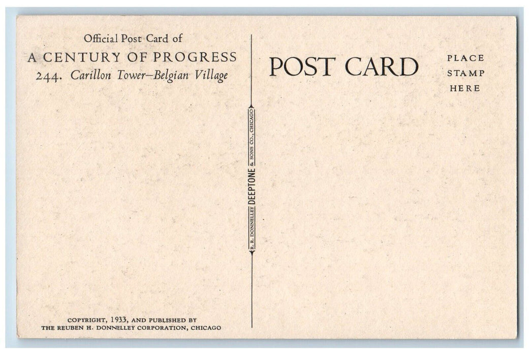 1933 Carillion Tower Belgian Village Century Of Progress Chicago IL Postcard