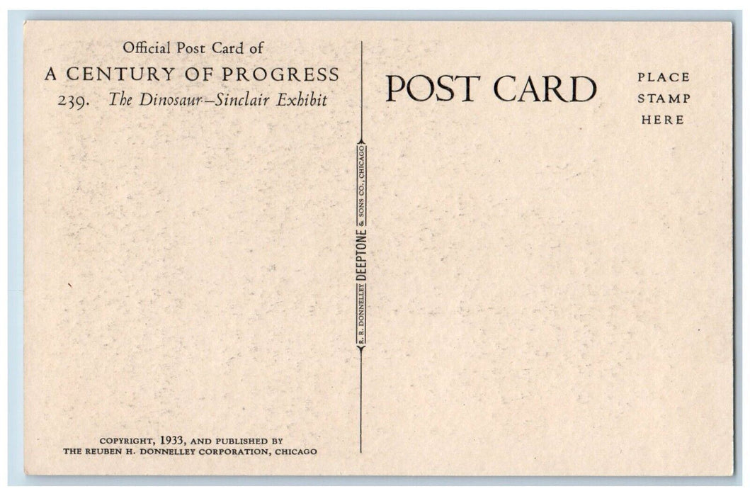 1933 The Dinosaur Sinclair Exhibit A Century Of Progress Chicago IL Postcard