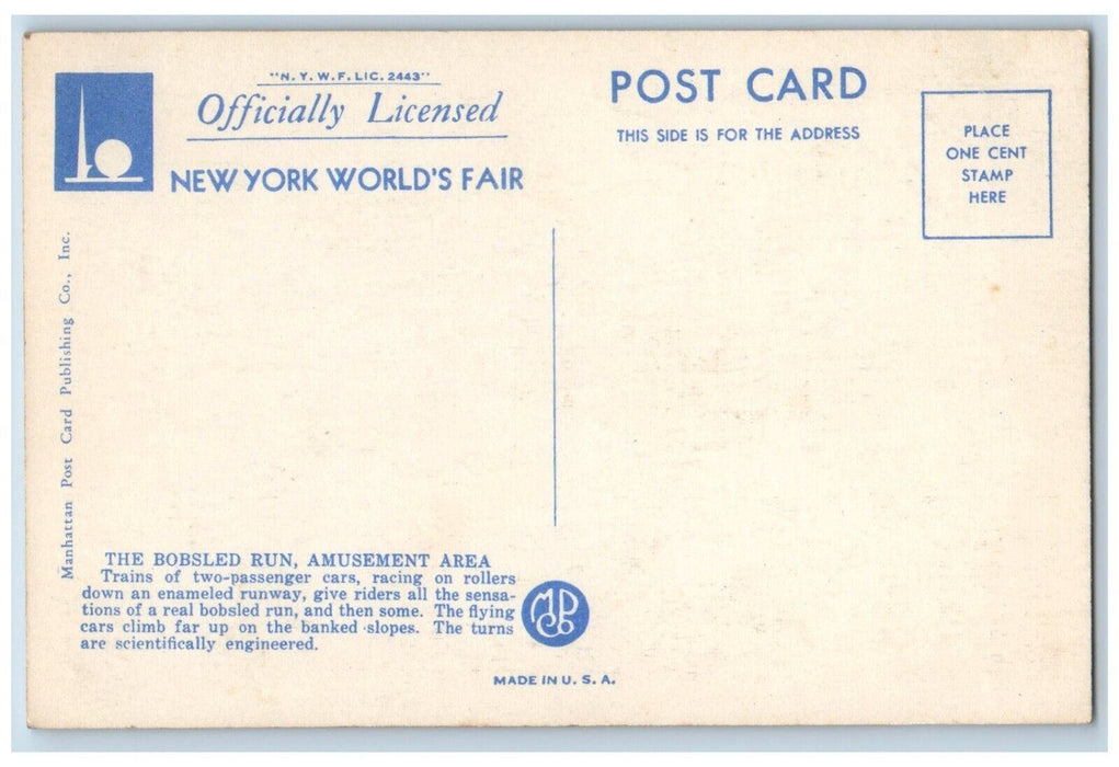 The Bobsled Run New York Word's Fair Amusement Area Trains Rollers Postcard