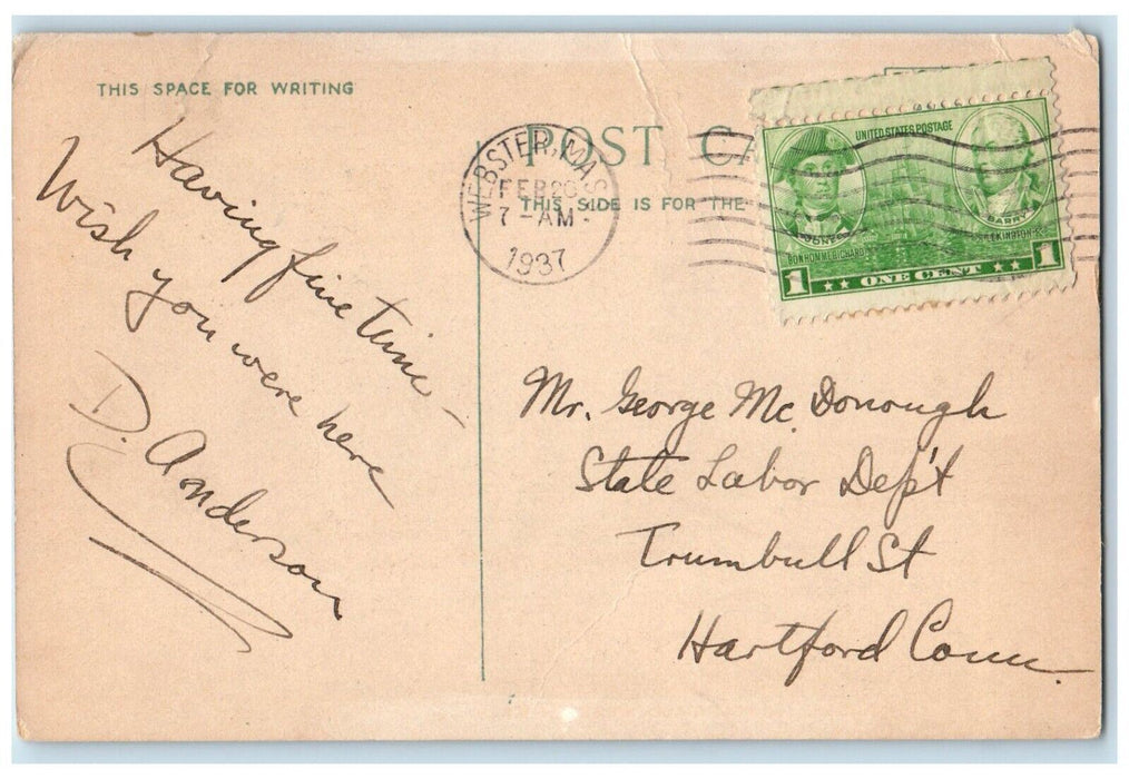 1937 Nathan Joslin Hotel Building Webster Massachusetts MA Vintage Postcard