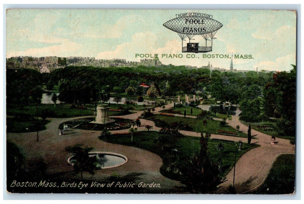 1912 Birds Eye View Public Garden Boston Massachusetts MA Poole Piano Postcard