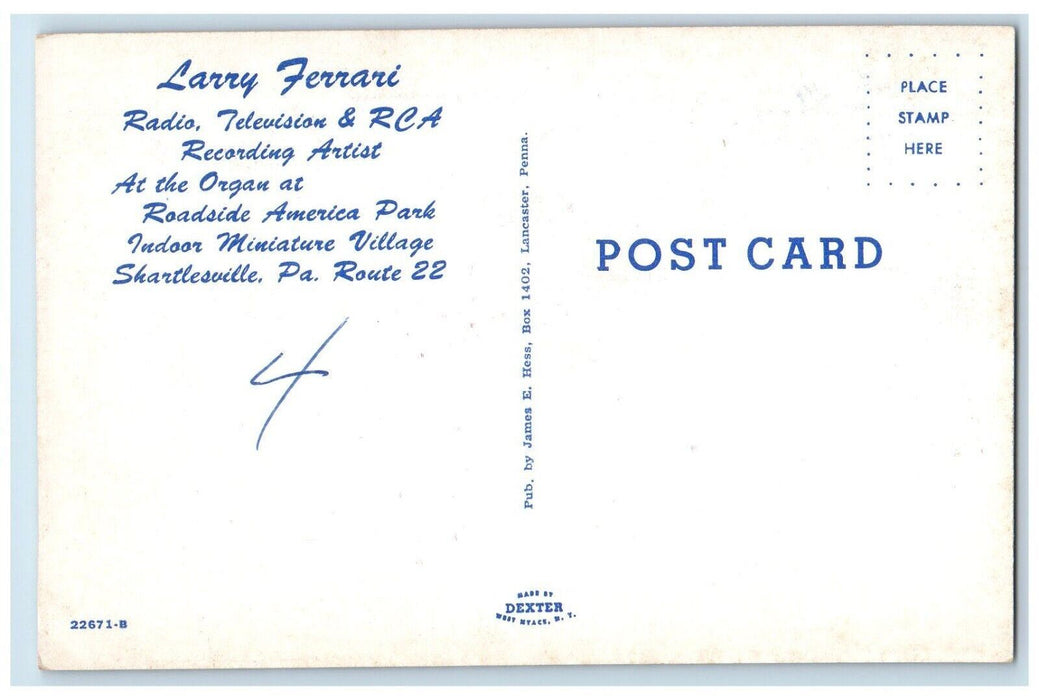 c1960 Larry Ferrari Radio Television Recording Artist Shartlesville PA Postcard