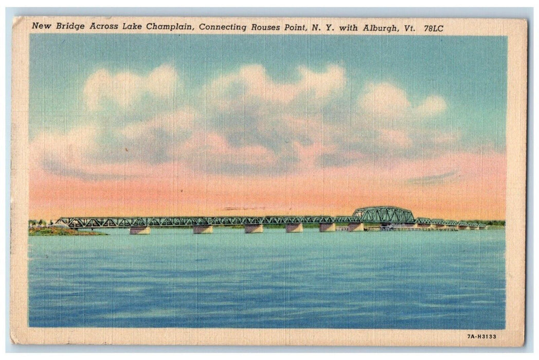 1938 New Bridge Across Lake Champlain Ruses Point NY, Alburgh VT Posted Postcard