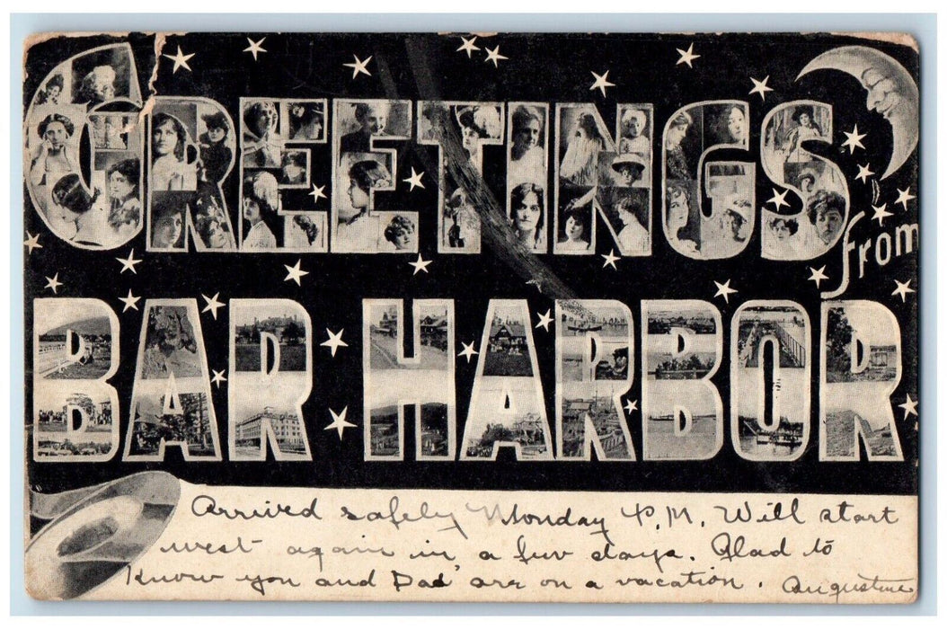 1906 Greetings From Bar Harbor Maine ME, Large Letters Cresent Stars Postcard