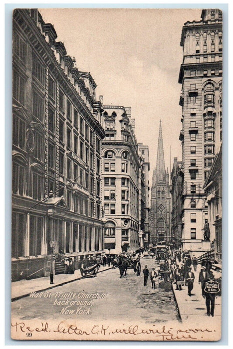 1907 Wall Street Trinity Churching Background New York NY Antique Postcard