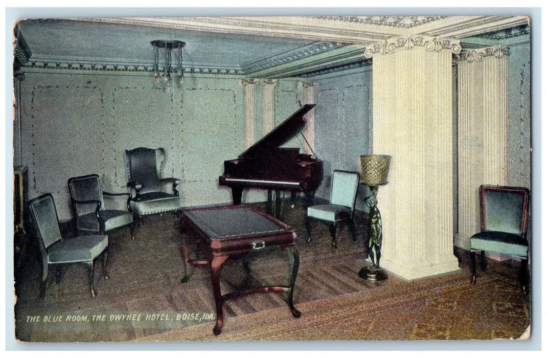 1912 Blue Room Owyhee Hotel Interior Grand Piano Table Lamp Boise Idaho Postcard