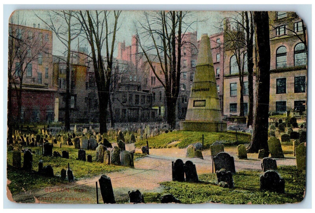 c1910's Grave Of Franklin Cemetery Boston Massachusetts MA Antique Postcard
