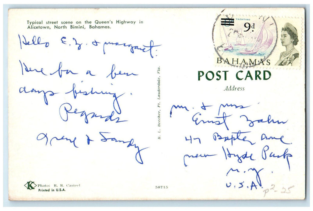 c1950's Typical Street Queen's Highway Alicetown North Bimini Bahamas Postcard