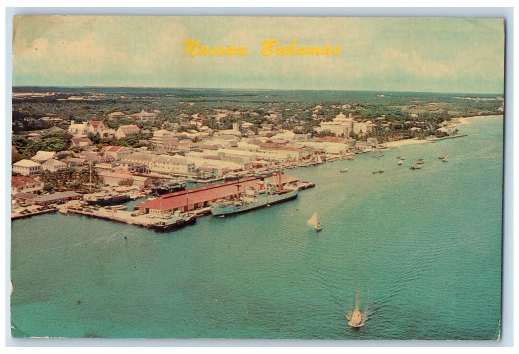 1964 Boat Scene Aerial View of Nassau Bahamas Herbert Lanks Photo Postcard
