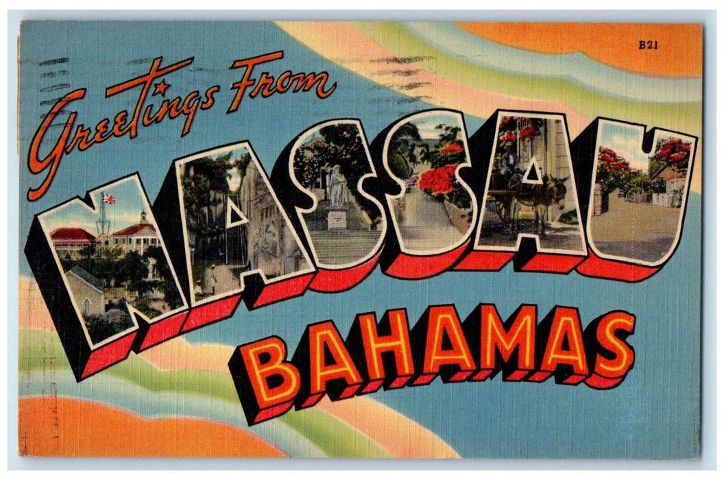 1947 Greetings from Nassau Bahamas Large Letter Multiview Coloful Postcard