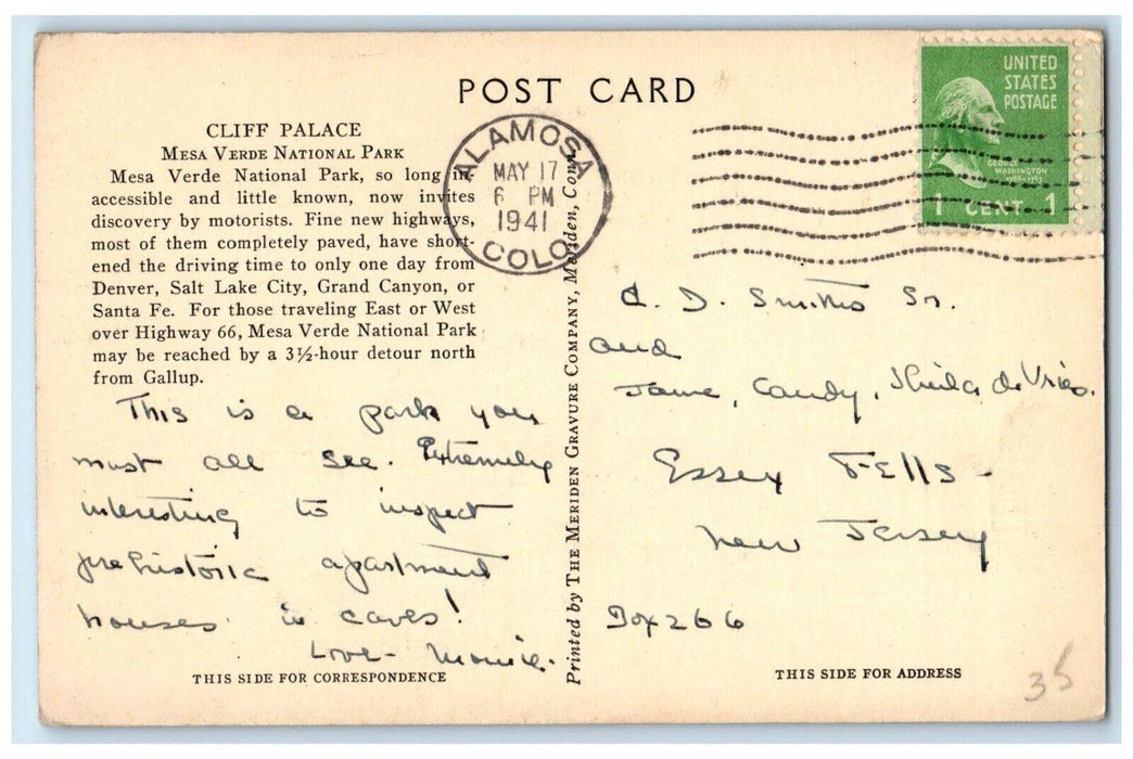 1941 Cliff Palace Mesa Verde National Park Alamosa Colorado CO Vintage Postcard