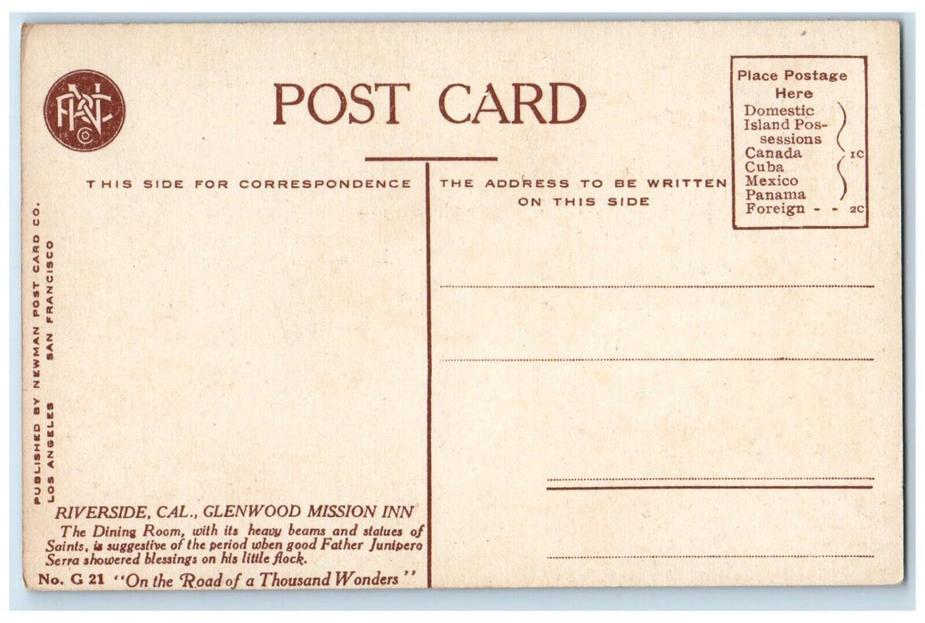 Riverside California CA, Glenwood Mission Inn Dining Room Interior Postcard