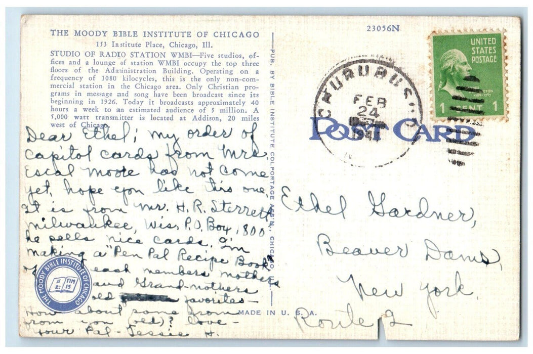 1941 Radio Statiom WMBI Moody Bible Institute Place Chicago Illinois IL Postcard