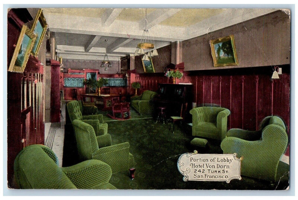 c1910 Portion Lobby Hotel Von Dorn Turk St San Francisco California CA Postcard