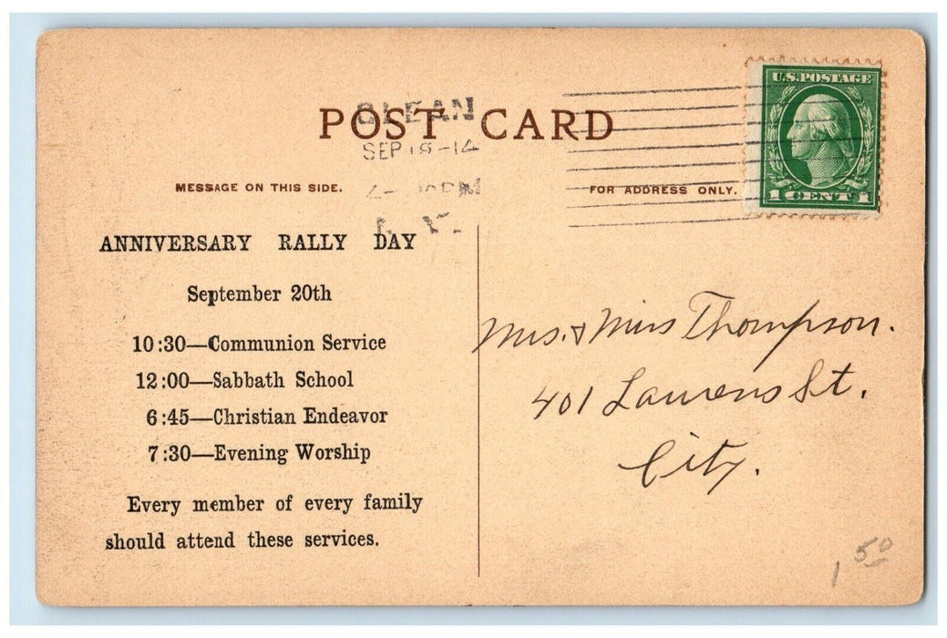 First Presbyterian Church Anniversary Rally Day Olean New York NY Postcard