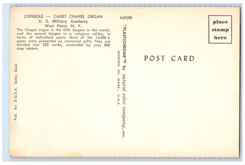 1960 Console Cadet Chapel Organ US Military Academy West Point New York Postcard