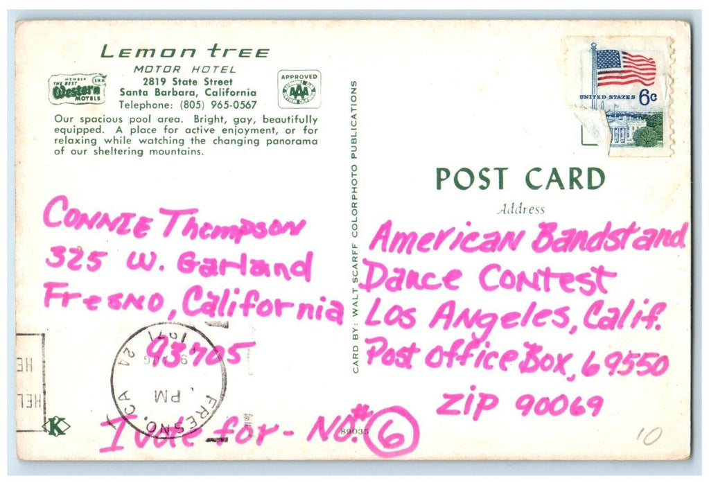 1971 Lemon Tree Motor Hotel Panoramic View Santa Barbara Fresno CA Postcard