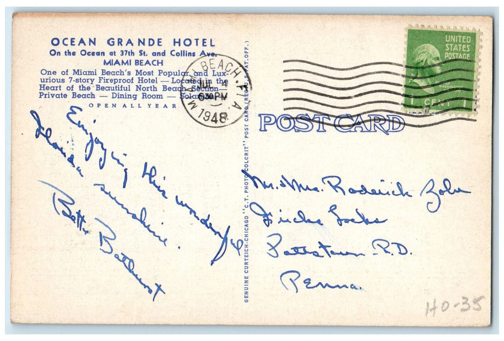 1948 Beach Scene Ocean Grande Hotel Miami Beach Florida FL Postcard