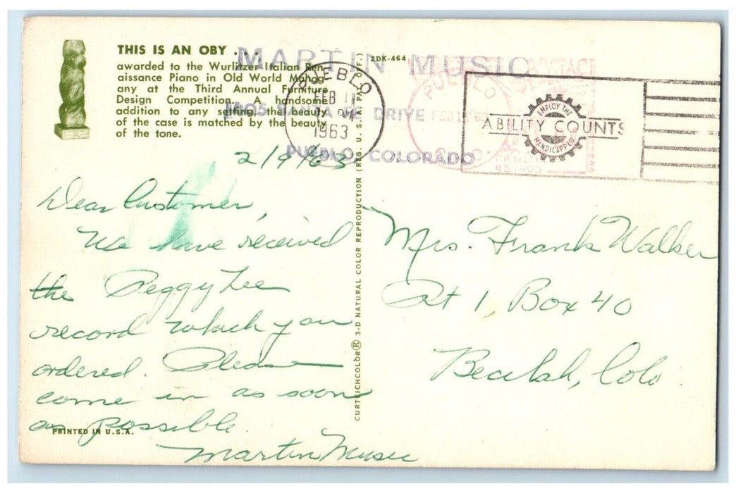 1963 This Oby Awarded Wurlitzer Italian Renaissance Piano Old Colorado Postcard