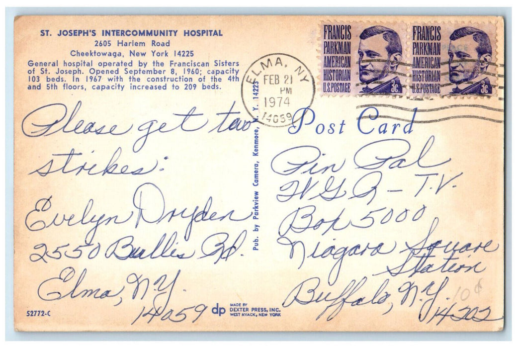 1974 St. Joseph's Intercommunity Hospital Cheektowaga New York NY Postcard