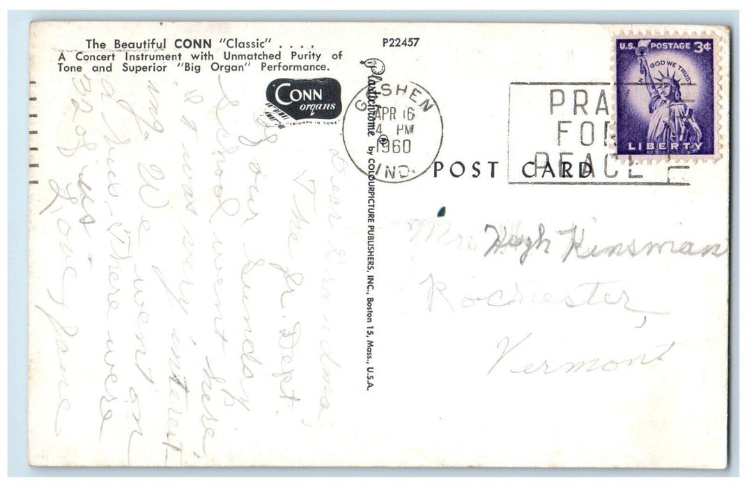1960 Beautiful Conn Classic Concert Instrument Superior Organ Indiana Postcard