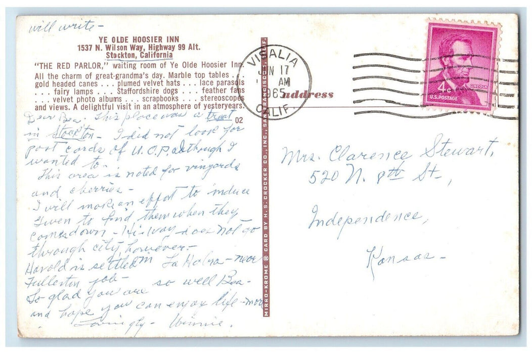 1965 Ye Olde Hoosier Inn Wilson Way Highway Parlor Stockton California Postcard