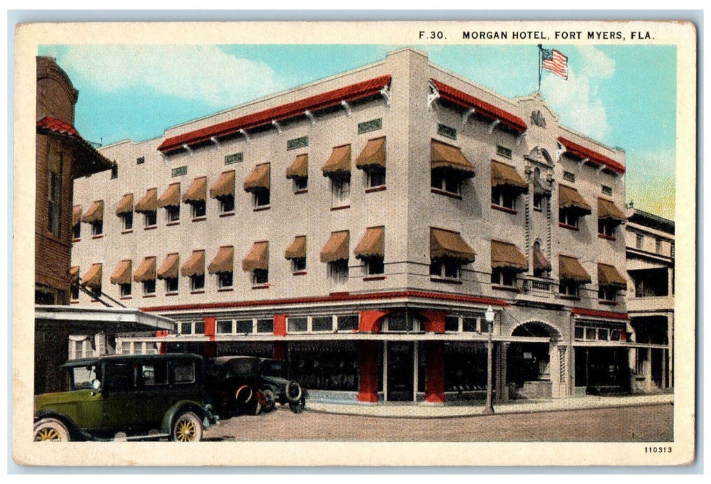 c1930's Morgan Hotel Fort Myers Florida FL US Flag Cars Unposted Postcard