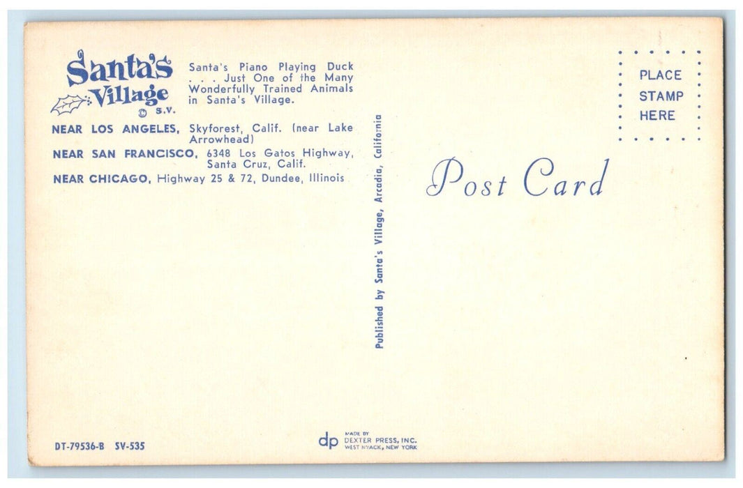 c1960 Santa Village Piano Playing Duck Postcard Skyforest California CA Postcard