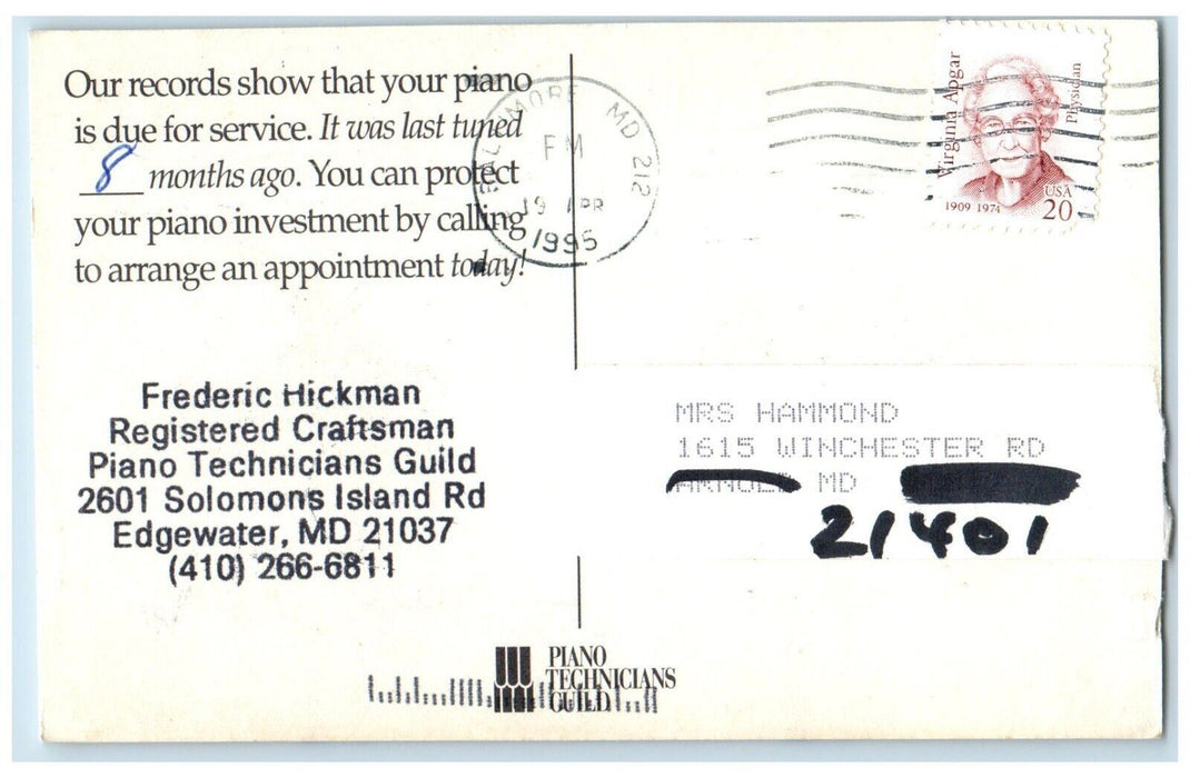 1995 Your Car Running Fine Still Time Tune Up Piano Edgewater Maryland Postcard