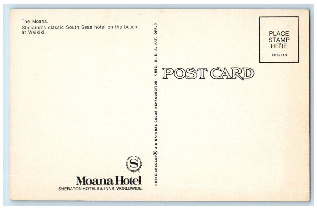 c1950's The Moana Sheraton's Classic South Sea Hotel Waikiki Hawaii Postcard