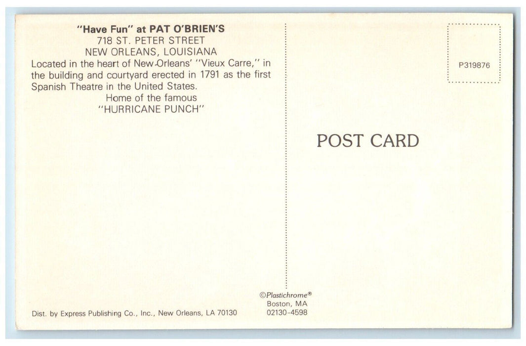 c1960 Have Fun Pat O'Briens St. Peter Street Bar New Orleans Louisiana Postcard