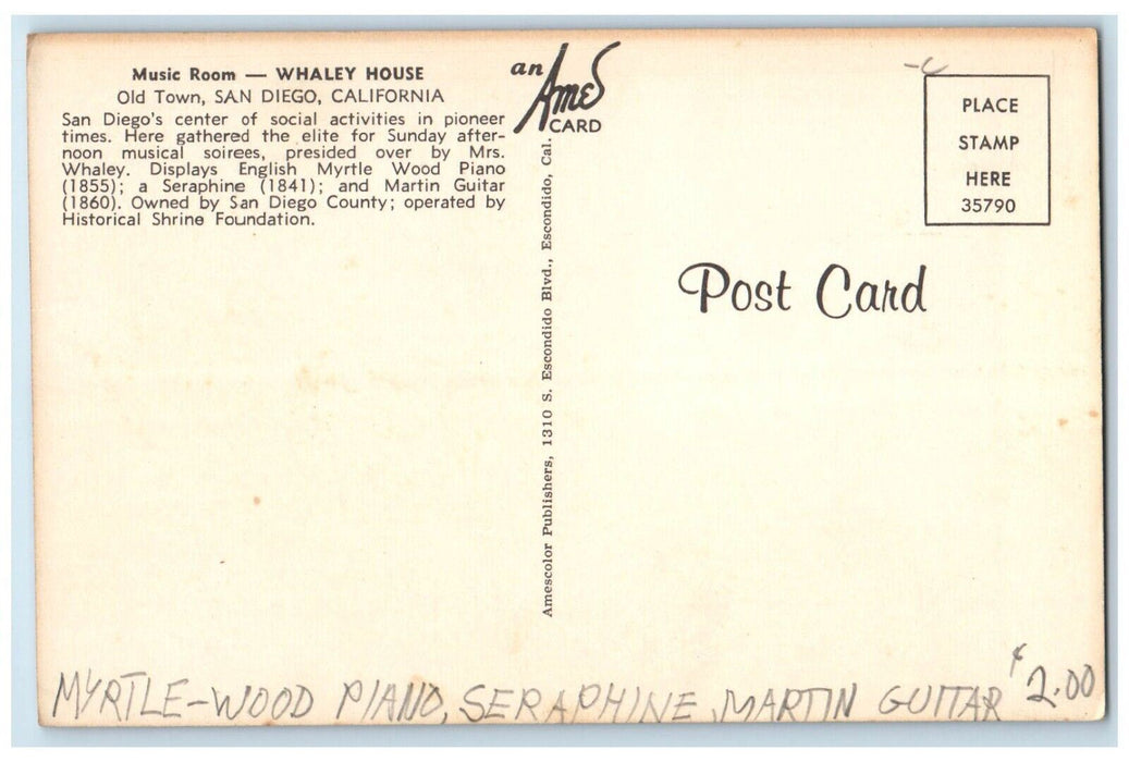 c1960 Music Room Whaley House Old Town Center Room San Diego California Postcard