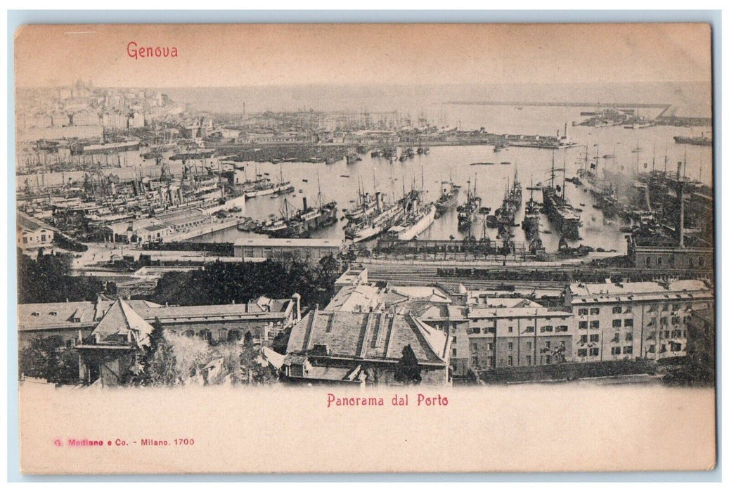 c1905 Aerial View Genova Steamer Ship Buildings Road Panorama Dal Porto Postcard