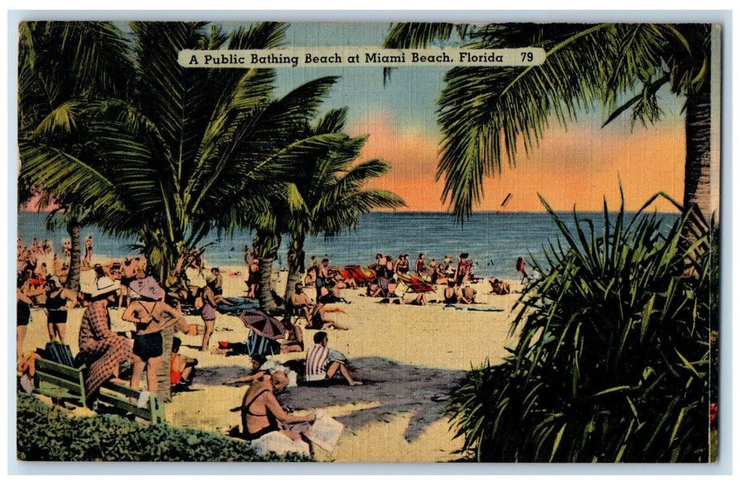 1943 Public Bathing Beach Sugary Sand Coconut Palms Miami Beach Florida Postcard