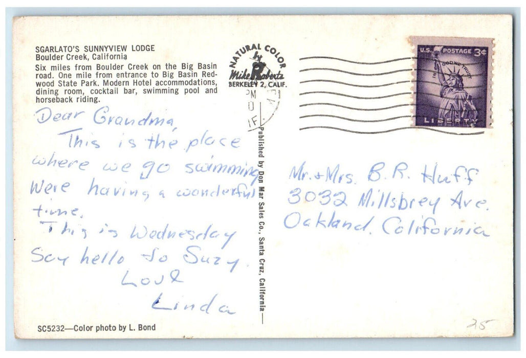 Sgarlato's Sunnyview Lodge Swimming Pool Boulder Creek California CA Postcard