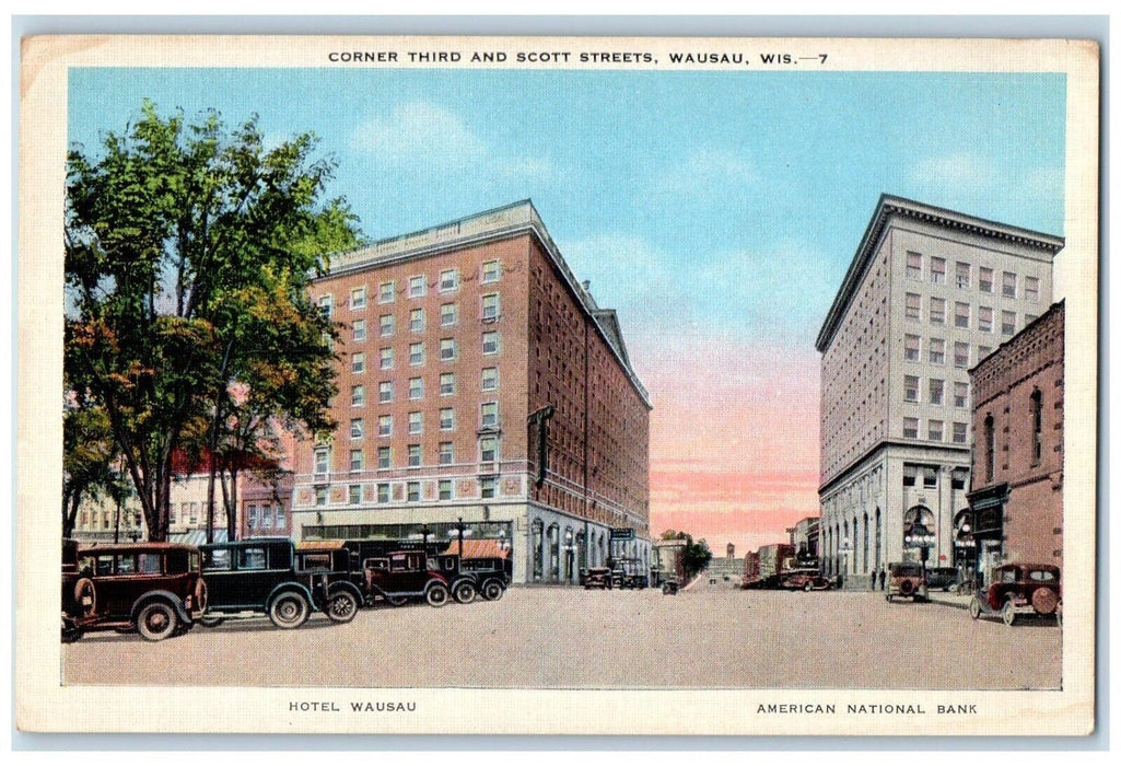 c1920 Corner Third Scott Streets Hotel American Bank Wausau Wisconsin Postcard