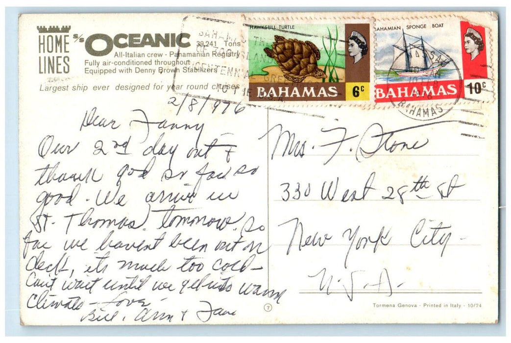 1976 Home Lines Oceanic Steamer Cruise All Italian Crew Nassau Bahamas Postcard