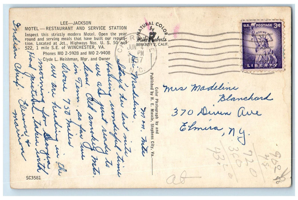 1957 Lee-Jackson Motel Restaurant Winchester VA Multiview Posted Postcard