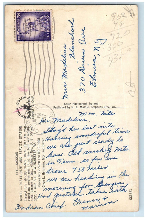 1957 Lee-Jackson Motel Restaurant Winchester VA Multiview Posted Postcard