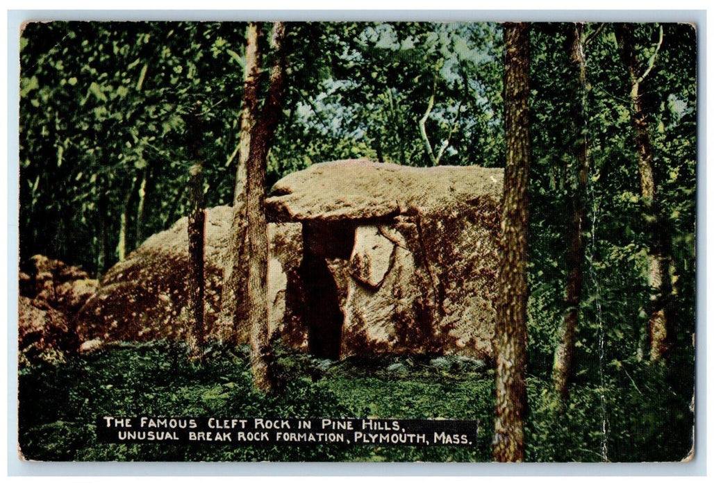 1925 Famous Cleft Rock In Pine Hills Break Rock Formation Plymouth MA Postcard