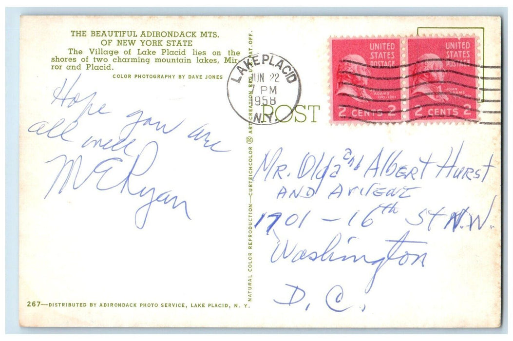 1958 Beautiful Adirondack Mts Village Lake Placid Shores New York State Postcard