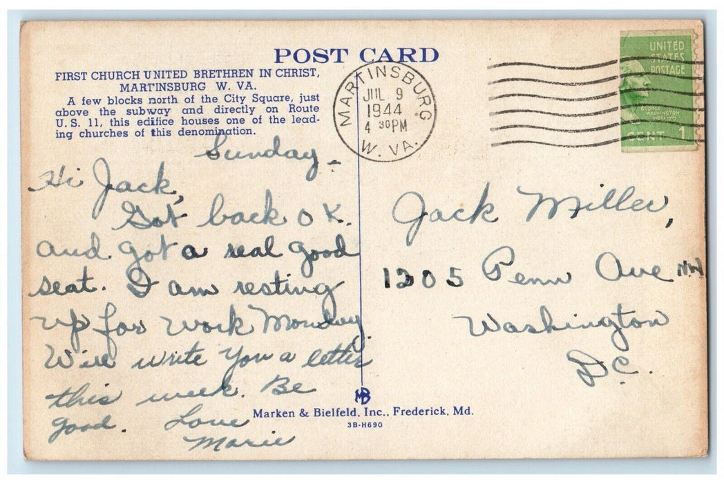 1944 First Church United Brethren Christ Chapel Martinsburg W Virginia Postcard